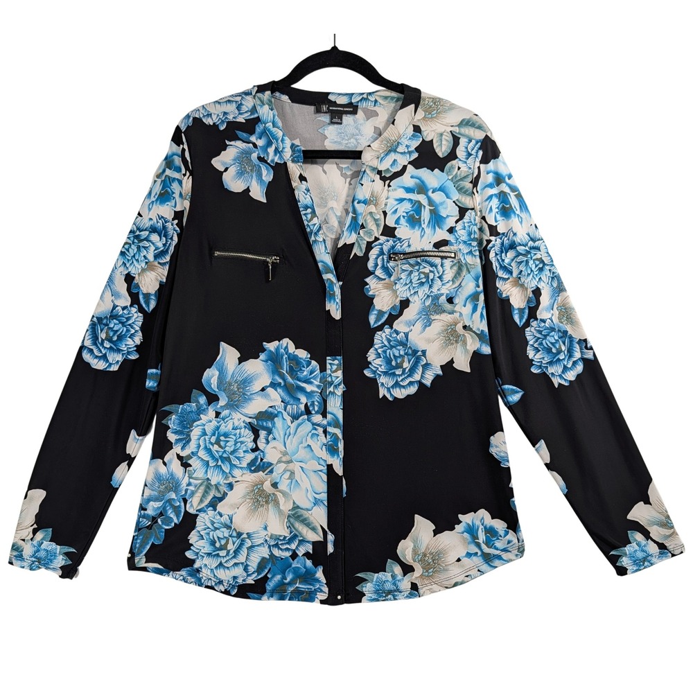 International Concepts Sz L Women's Black Floral Print Long Sl. V Neck Blouse